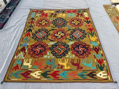 Uzbek Suazni Rug, 5'11x7'3 ft, Vintage Hand Knotted, Pictorial Animal Print, Flat Weave, Wool, Textile Wall De