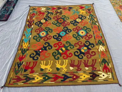 Uzbek Suazni Rug, 6x7'2 ft, Vintage Hand Knotted, Pictorial Design, Wool, Flat Weave, One-of-a-Kind, Textile W