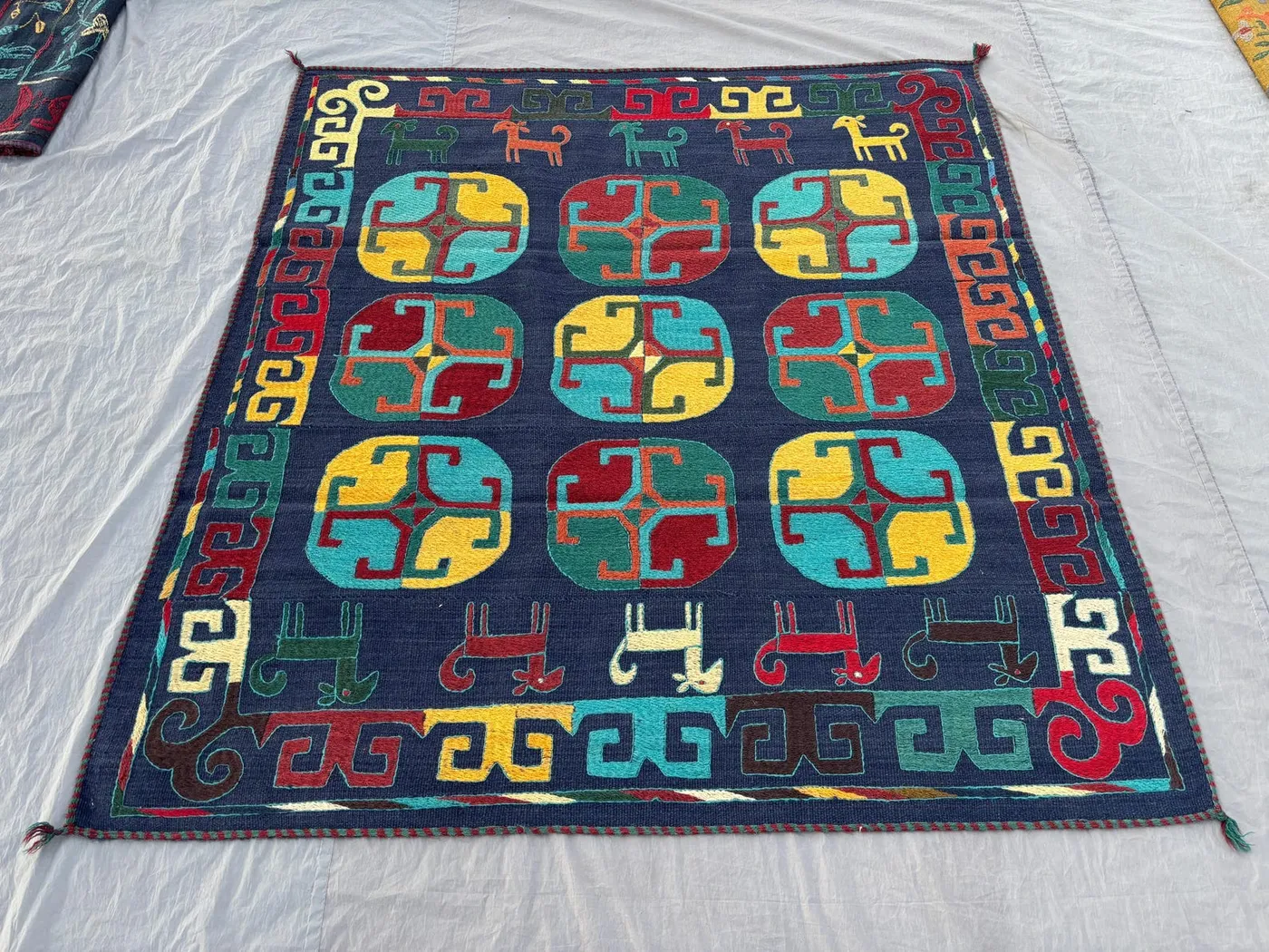 5'6 x 5'11 ft Uzbek Suzani Flat Weave Vintage Hand Knotted Textile Rug, Pictorial Wall Decor, Boho Area Rug, One of a Kind,Luxury Home Decor