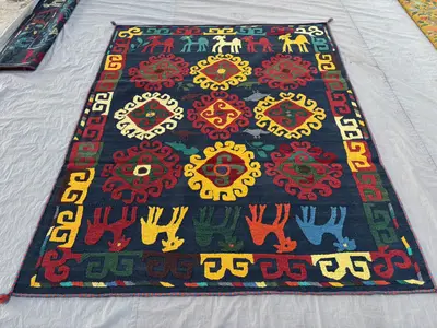 5'7 x 7' Uzbek Suzani Vintage Hand-Knotted Flat Weave Rug | Boho Home Decor | One of a Kind Area Rug | Unique 