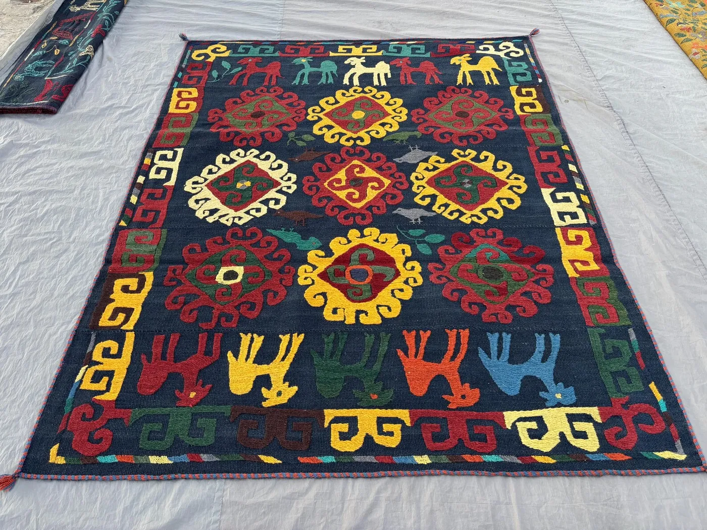 5'7 x 7' Uzbek Suzani Vintage Hand-Knotted Flat Weave Rug | Boho Home Decor | One of a Kind Area Rug | Unique Wall Hanging