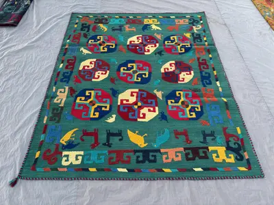 Colorful Vintage Uzbek Suzani Rug 5.2 x 6.6 ft Handwoven Wool Bird Animal Design Flat Weave Area Rug Boho Home