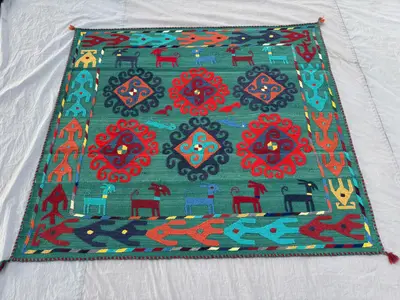 Colorful Vintage Uzbek Rug 5x5 Handwoven Flat Weave Wool Animal Bird Tribal Area Rug Boho Home Decor, Bedroom 