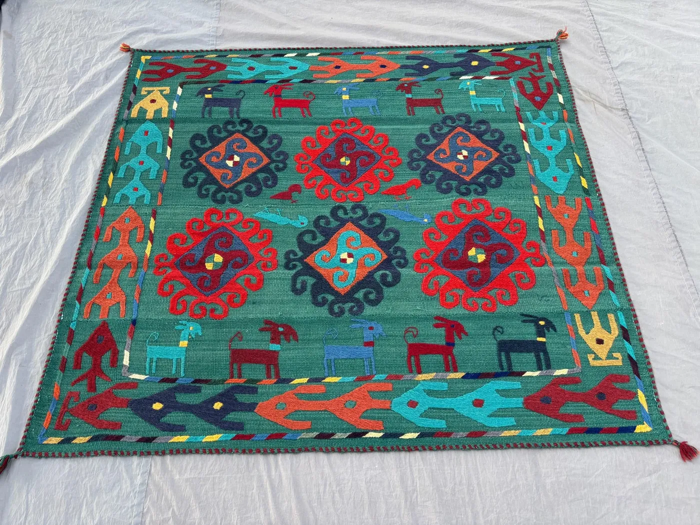 Colorful Vintage Uzbek Rug 5x5 Handwoven Flat Weave Wool Animal Bird Tribal Area Rug Boho Home Decor, Bedroom Rug, Wall Hanging Room Rug