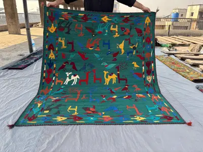 Colorful Vintage Suzani Rug 5.3 x 6.1 ft Uzbek Flat Weave Textile Wool Handmade Boho Bird Animal Design Area R