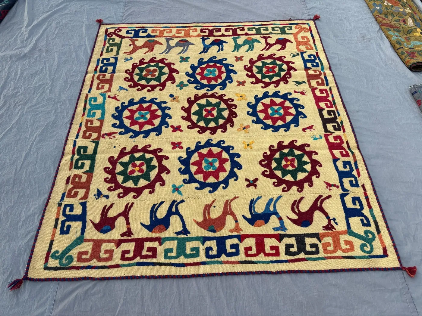 5 x 6 Ft Afghan Hand-Woven Vintage Flat Weave Kilim One of a Kind Luxury Home Decor, Patchwork Pictorial Suzani Design, Birds, Flowers