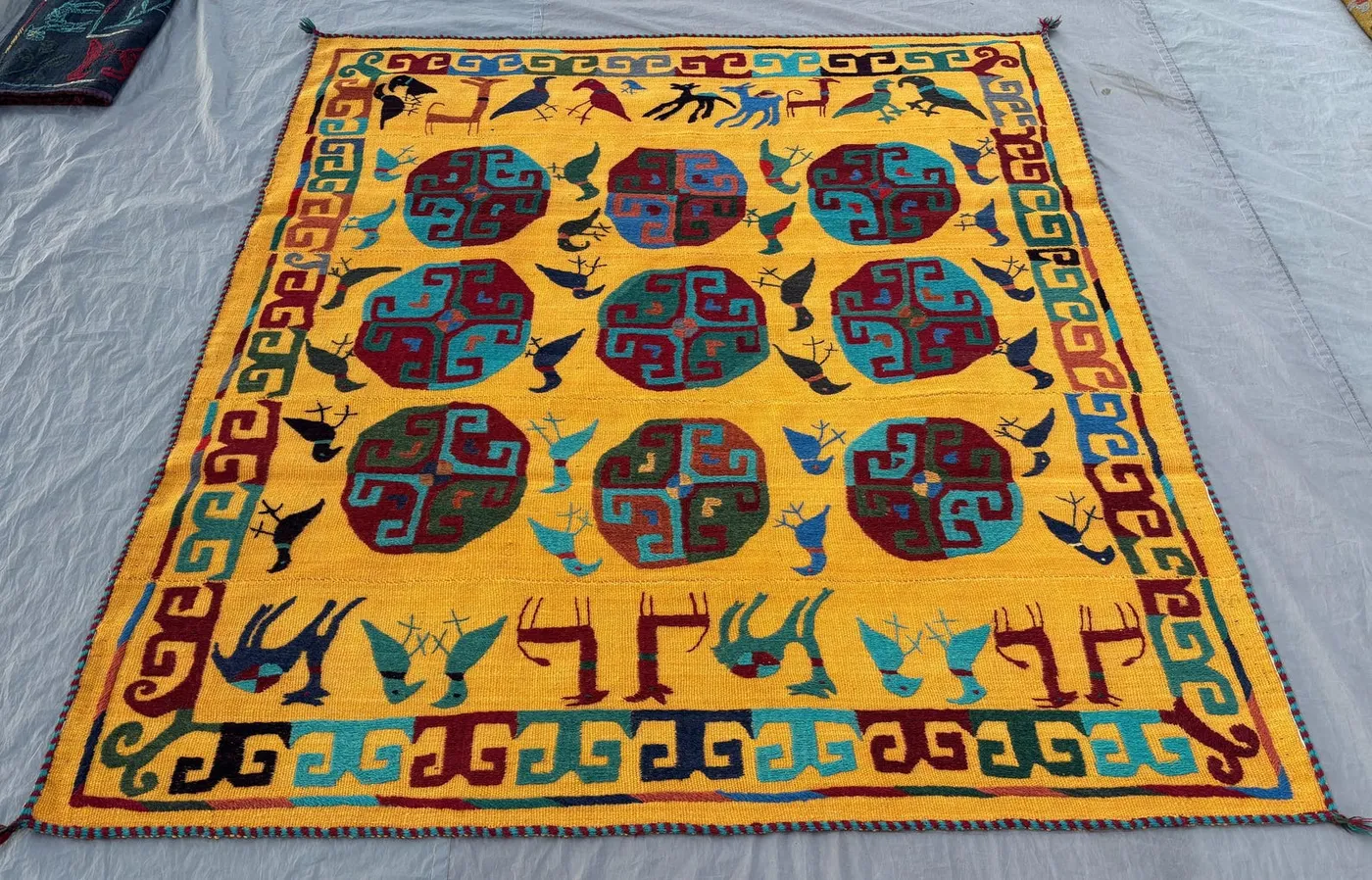 5.7x6.2 Ft Afghan Hand-Woven Vintage Flat Weave Kilim One of a Kind Luxury Home Decor, Patchwork Pictorial Suzani Design, Birds, Animals