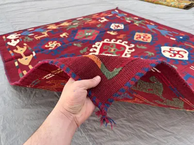 Red Afghan Kilim 5 x 6 ft Handwoven Wool Vintage Patchwork Suzani Design with Animal and Bird Motifs | Kitchen
