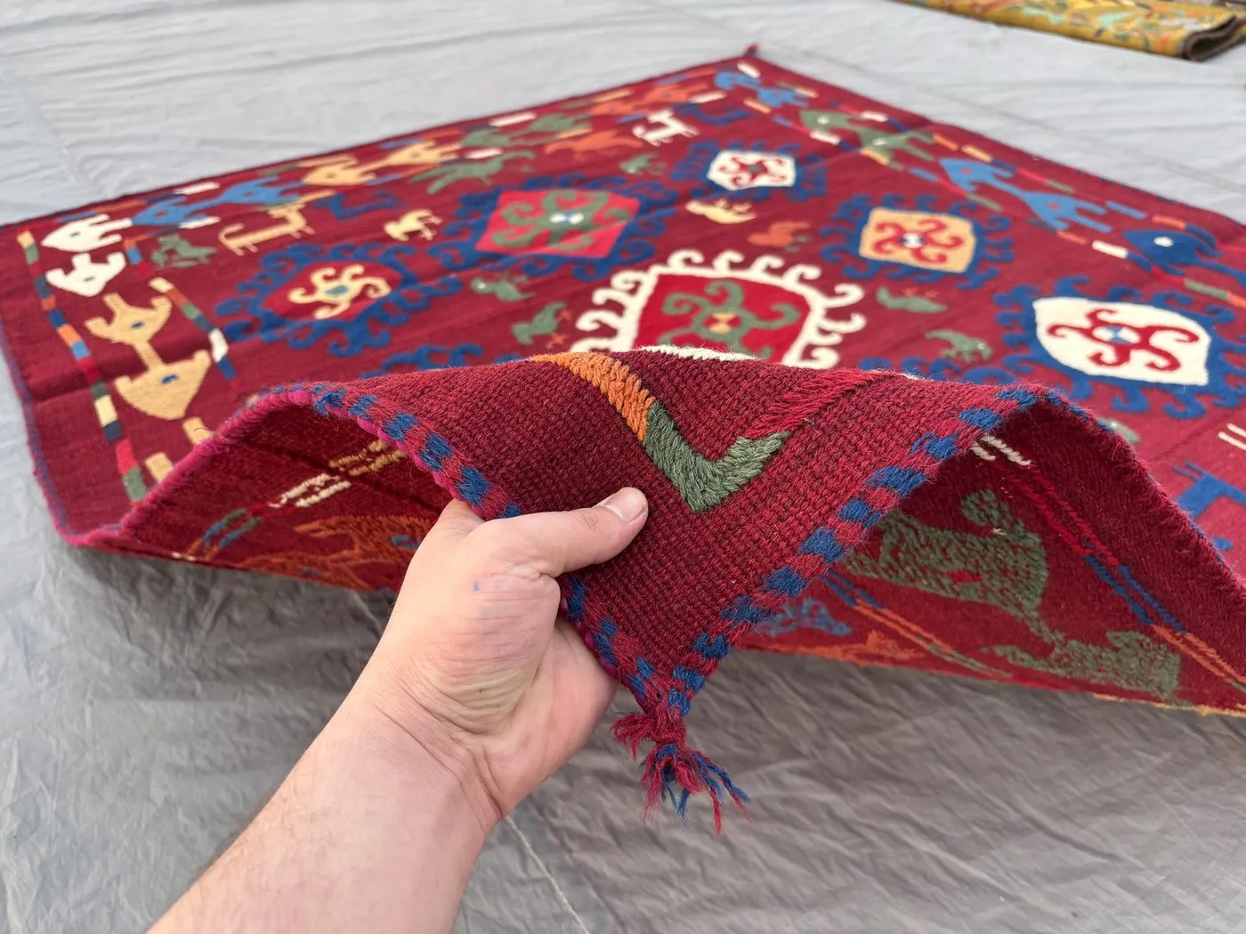 Red Afghan Kilim 5 x 6 ft Handwoven Wool Vintage Patchwork Suzani Design with Animal and Bird Motifs | Kitchen & Bedroom decor