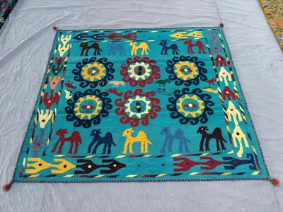 Turquoise Afghan Kilim 5 x 6 Handwoven Wool Vintage Patchwork Suzani Design for Boho Home Decor | Kitchen & Be