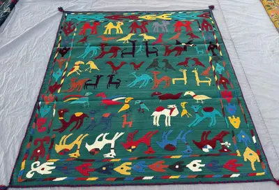 Green Afghan Kilim 5'4 x 6'2 ft Handwoven Wool Patchwork Suzani Design with Animal and Bird Motifs