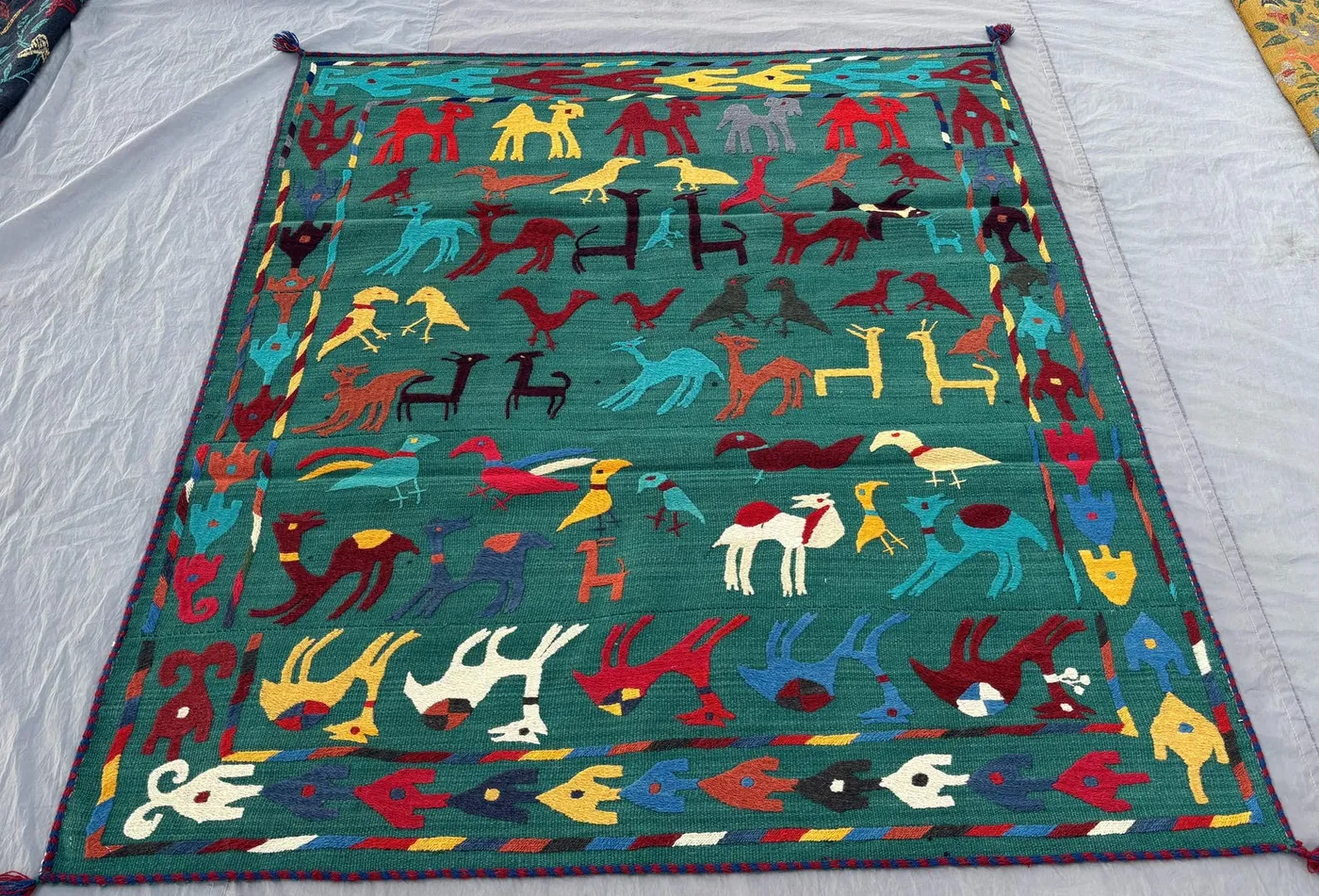Green Afghan Kilim 5'4 x 6'2 ft Handwoven Wool Patchwork Suzani Design with Animal and Bird Motifs