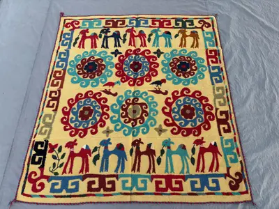 4'7x5'1 Ft Uzbek Suzani Flat Weave Vintage Hand Knotted Textile Rug, Pictorial Animal Print, One of a Kind, Lu
