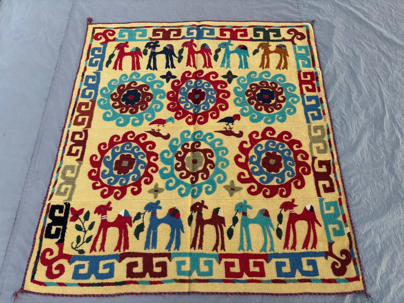 4'7x5'1 Ft Uzbek Suzani Flat Weave Vintage Hand Knotted Textile Rug, Pictorial Animal Print, One of a Kind, Luxury Home Decor, Wall Decor