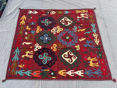 Uzbek Suazni Rug, 5'4x5'10 ft, Vintage Hand Knotted, Pictorial Animal Print, Flat Weave, Wool, Textile Wall De