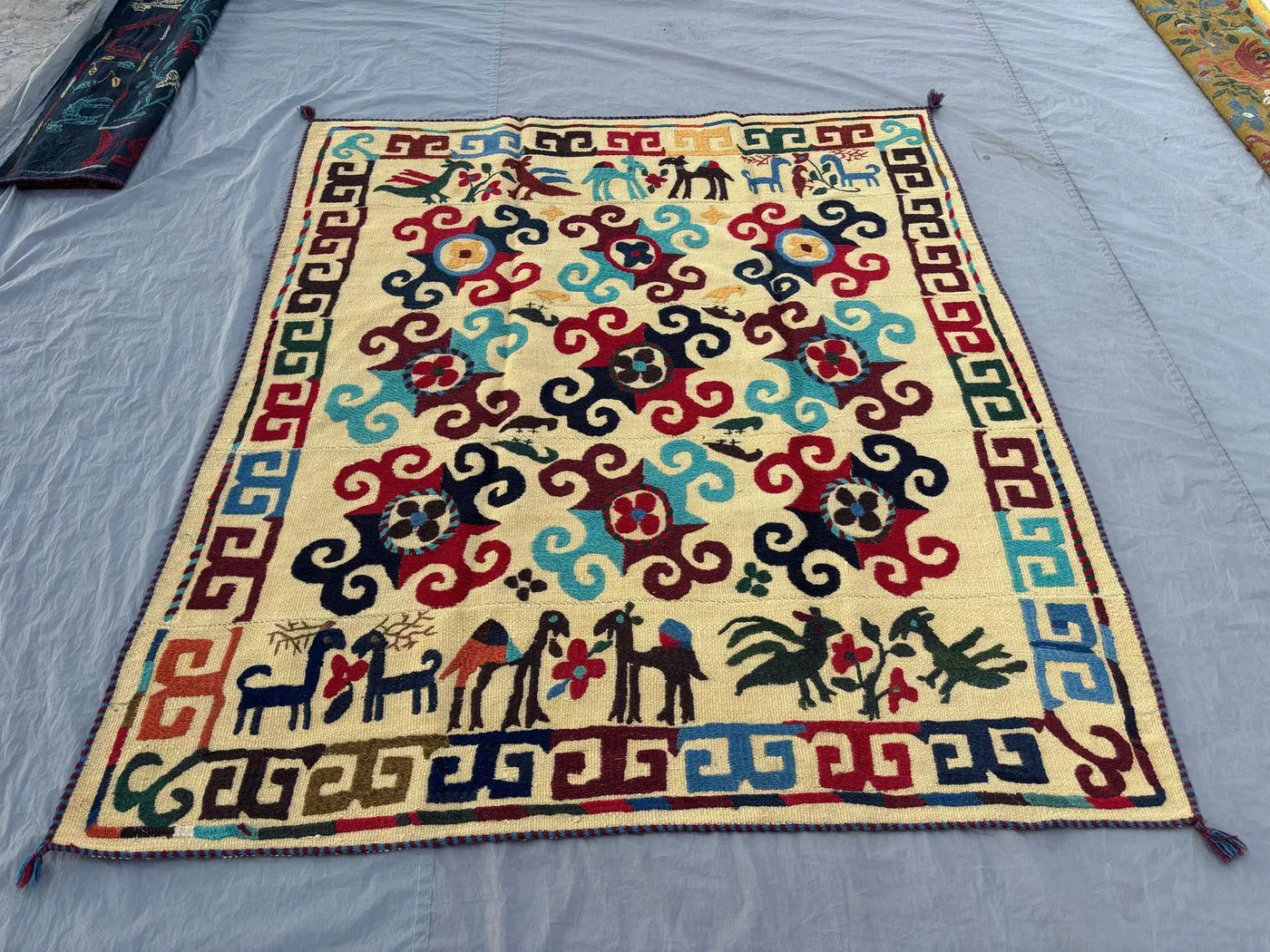 Uzbek Suazni Rug, 5'7x6'4 ft, Vintage Hand Knotted, Pictorial Animal Print, Flat Weave, Wool, Textile Wall Decor, Boho Area Rug