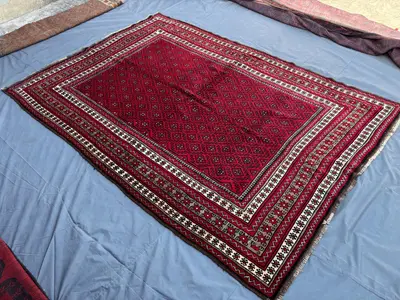 7 x 10 Vintage Afghan Baluchi Hand-Knotted Rug Red Cream Brown Caucasian Medallion Design Soft Silky Wool Rare