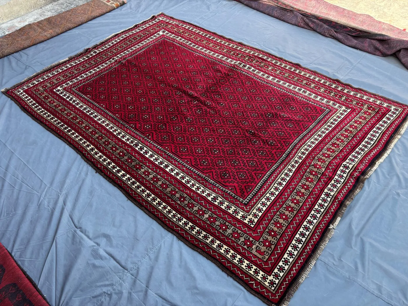 7 x 10 Vintage Afghan Baluchi Hand-Knotted Rug Red Cream Brown Caucasian Medallion Design Soft Silky Wool Rare Carpet | Living Room Rug