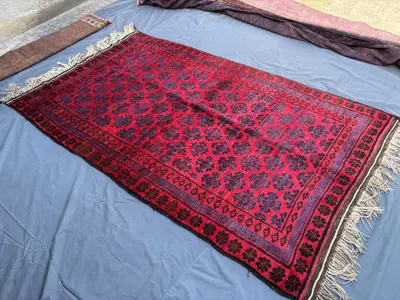 6 x 9 Vintage Afghan Baluchi Hand-Knotted Rug, Fine Wool Geometric Design, Soft Pile Rare Tribal Red and Blue 