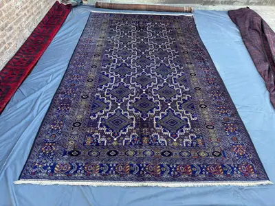 7'6 x 12'7 Oversized Baluch Rug | Mushwani Design | Vintage Afghan Hand-Knotted Wool, Navy & Ivory