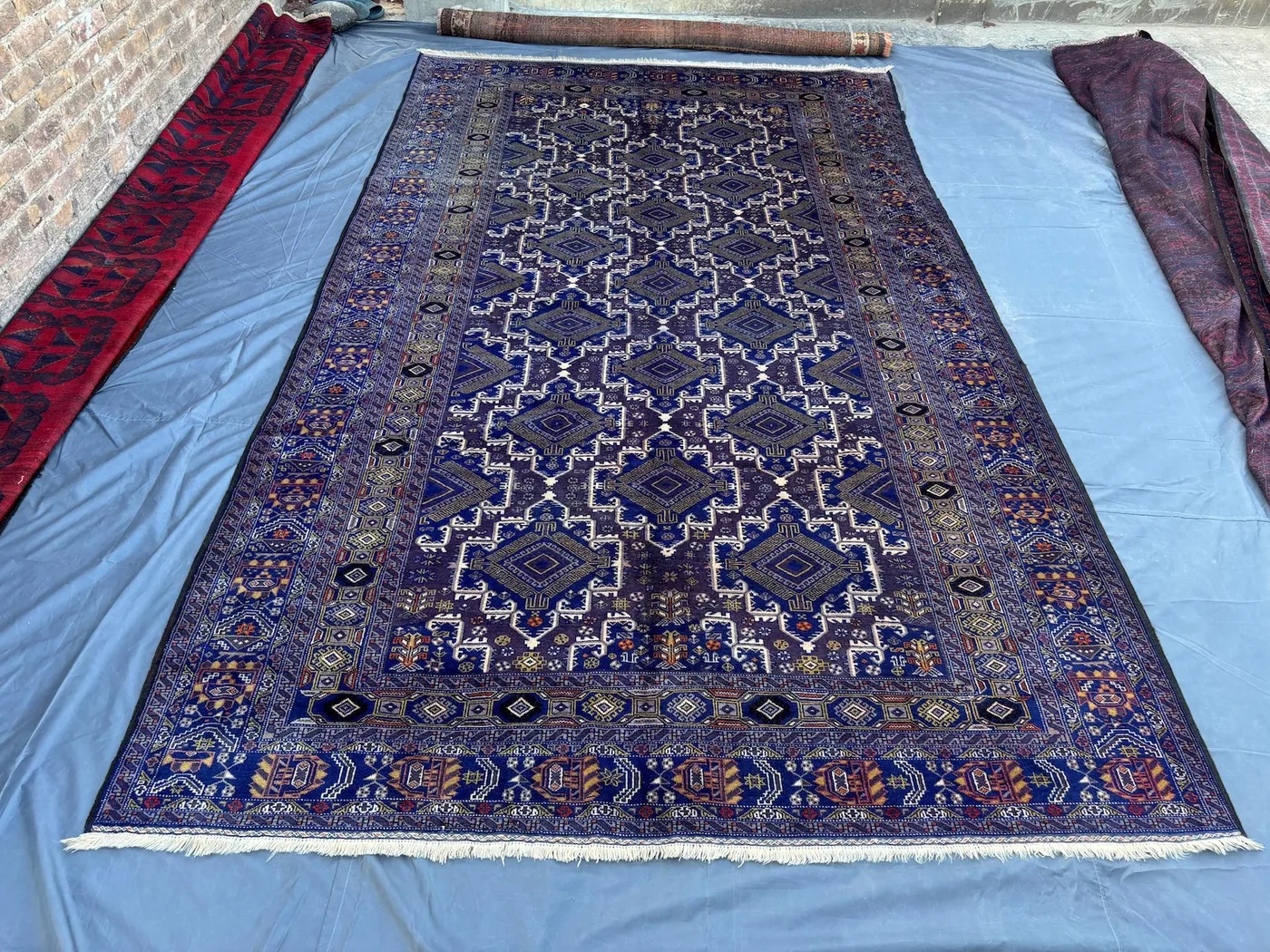 7'6 x 12'7 Oversized Baluch Rug | Mushwani Design | Vintage Afghan Hand-Knotted Wool, Navy & Ivory