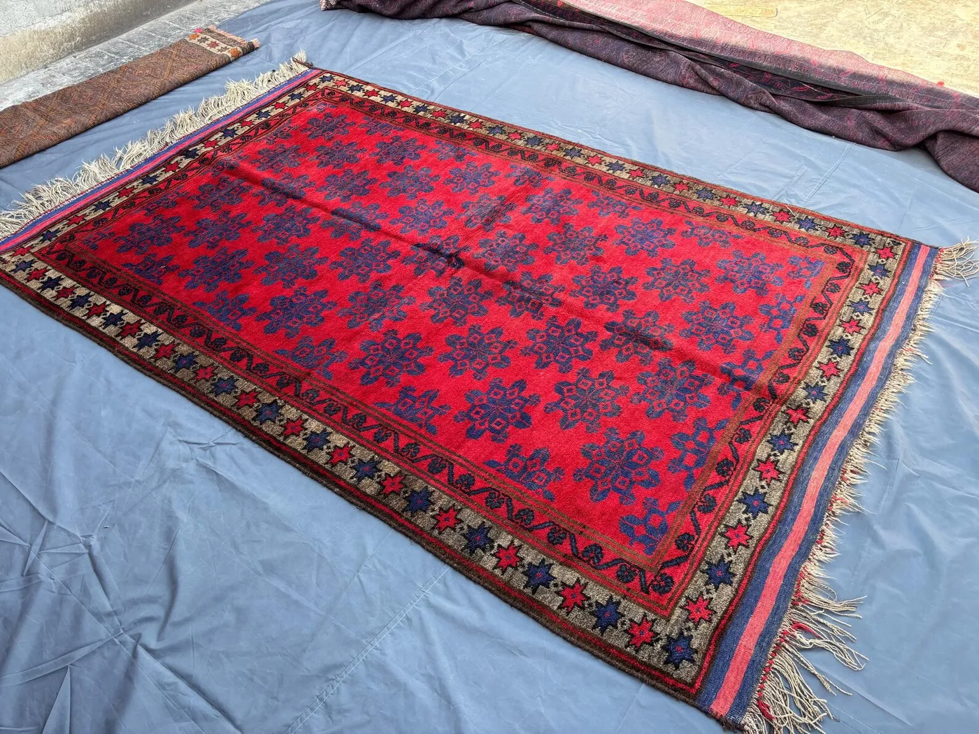 5.10x9.5 Vintage Afghan Hand-Knotted Tribal Wool Rug, Red and Blue Geometric Pattern, Soft Pile Oriental Boho Area Carpet | Living Room Rug