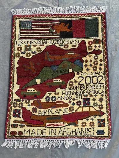 1.11x2.7 Ft Brand New Afghan Handmade Textile War Rug, Map Design, Airplane & Military, Small Area Rug, Living