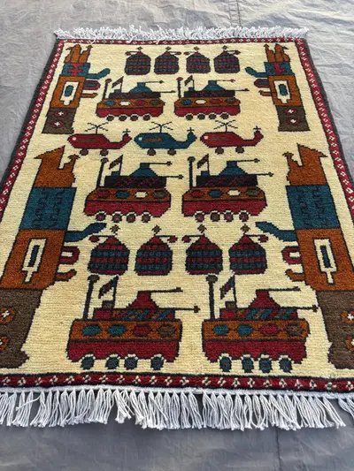 1.10x2.5 Ft Afghan Brand New Handmade War Rug, Brand New, Military Design, Small Area Rug for Living Room, Bed