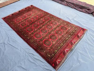 4.3x7.8 Vintage Turkmen Ersari Hand-Knotted Rug, Red Wool Oriental Carpet, Tribal Geometric Medallion Design R