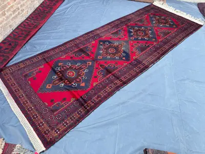 5 x 13  Vintage Afghan Baluchi Hand-Knotted Wide Runner Rug, Tribal Wool Red Blue Carpet, Geometric Boho Hallw