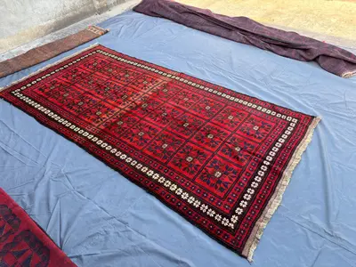 5.1x10.6 Vintage Afghan Baluchi Hand-Knotted Runner Rug, Red Wool Tribal Carpet, Wide Hallway Geometric Boho A