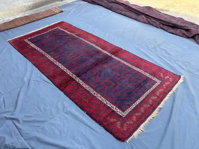 4.2x9.3 ft Vintage Afghan Hand-Knotted Tribal Wool Runner Rug, Red Navy Geometric Pattern, Boho Corridor Rug U