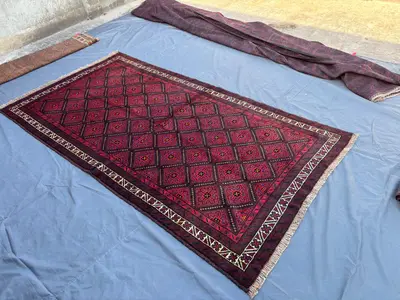 5x9.5 ft Vintage Afghan Hand-Knotted Wide Runner Rug, Tribal Wool Red Blue Carpet, Geometric Pattern Hallway R