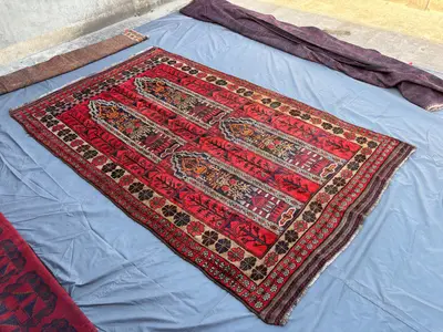 6.4x10.7 Antique Afghan Hand-Knotted Baluchi Fine Wool Rug, Tribal Geometric Red Prayer Design, Vintage Orient