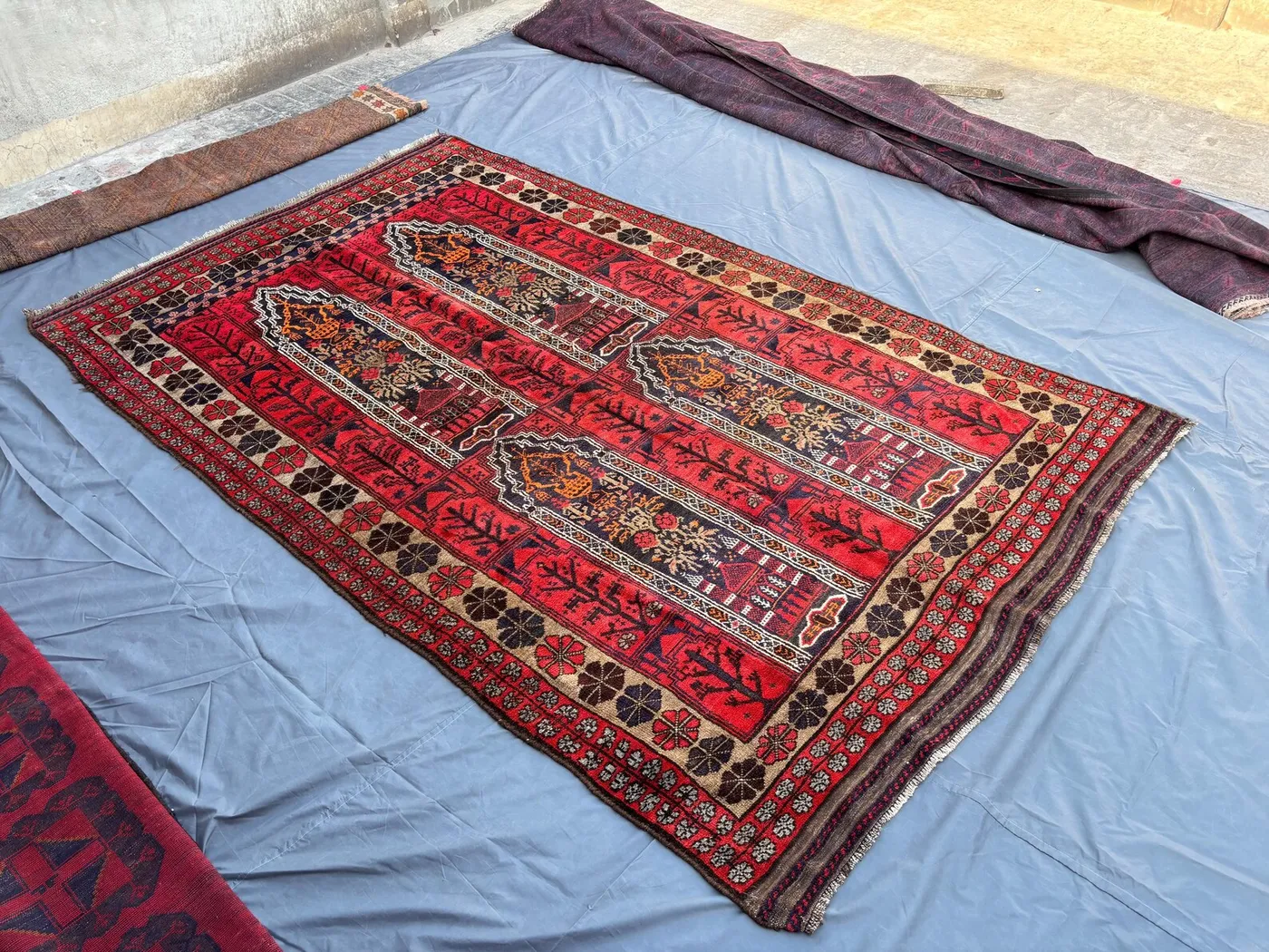 6.4x10.7 Antique Afghan Hand-Knotted Baluchi Fine Wool Rug, Tribal Geometric Red Prayer Design, Vintage Oriental Area Carpet | Outdoor Rug