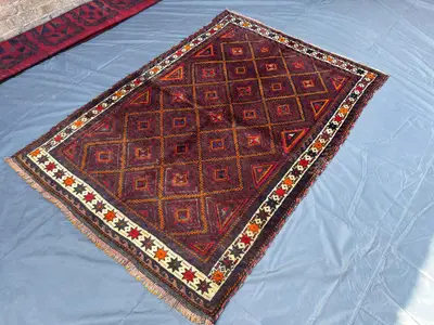 4'10 x 7'1 ft Vintage Afghan Baluchi Hand-Knotted Rug | Geometric Pattern Rare Tribal Wool Carpet | Soft Pile 