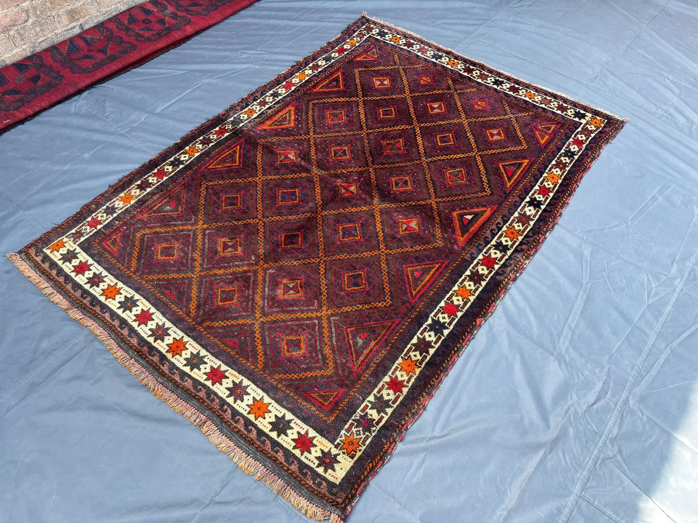 4'10 x 7'1 ft Vintage Afghan Baluchi Hand-Knotted Rug | Geometric Pattern Rare Tribal Wool Carpet | Soft Pile Oriental Rug | Bedroom Rug