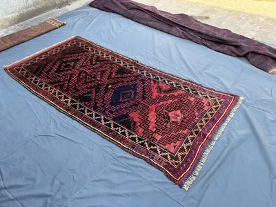 4.2x8.10 ft Antique Afghan Hand-Knotted Wide Runner Rug, Tribal Baluchi Wool Carpet, Vintage Geometric Red Bro