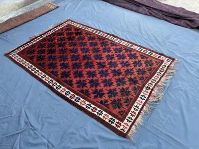 5x8 Vintage Afghan Hand-Knotted Soft Wool Rug, Tribal Geometric Red Blue Carpet Rare Oriental Area Rug | Livin