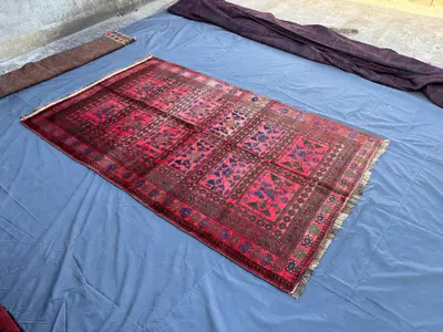 5.1x8.4 ft Antique Afghan Hand-Knotted Baluchi Rug, Vintage Tribal Wool Carpet, Rare Geometric Pattern Orienta