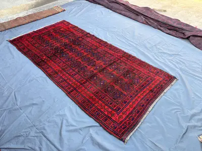 4.3x9.5 Vintage Afghan Hand-Knotted Wool Runner Rug, Tribal Geometric Wide Hallway Carpet, Red Blue Oriental R