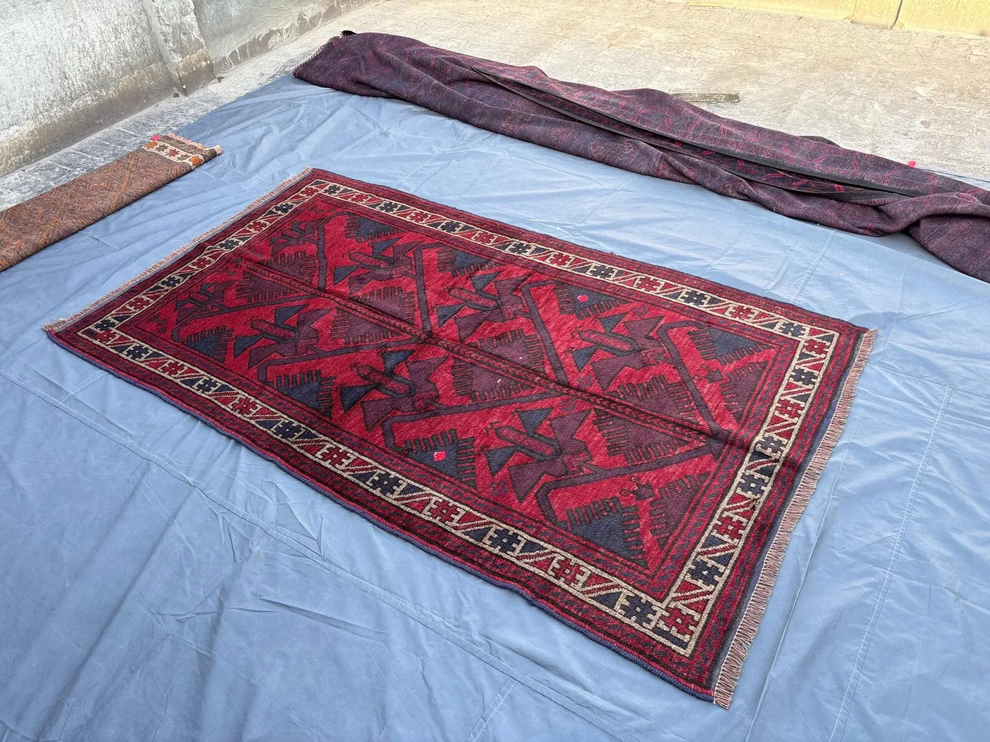 4.9x7.11 ft Vintage Afghan Hand-Knotted Baluchi Rug, Tribal Wool Carpet, Red Blue Geometric War Design Unique Area Rug | Living Room Decor