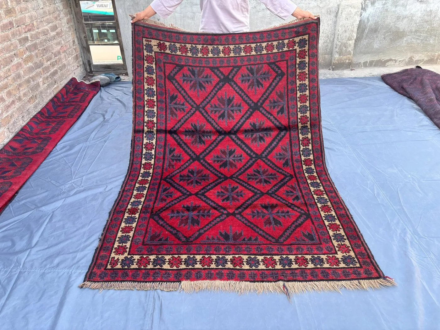 5 x 7 ft Red Vintage Afghan Hand-Knotted Rug Geometric Tribal Design Soft Wool Fine Pile Oriental Carpet for Living Room | Nomadic Fine Rug