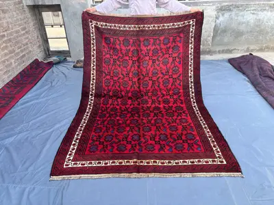 5'5 x 8 ft Red Vintage Afghan Rug | Hand-Knotted Baluchi Rug, Floral Geometric Design, Soft Wool Oriental Carp