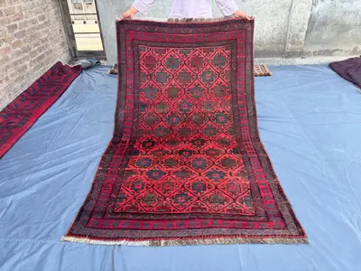 4 x 7 ft Vintage Afghan Rug | Hand-Knotted Baluchi Rug | Red Geometric Tribal Design | Soft Wool Oriental Carp