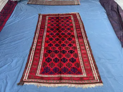 5 x 8'3 ft Vintage Afghan Hand-Knotted Rug | Baluchi Rug Red Geometric Tribal Design | Soft Wool Oriental Carp
