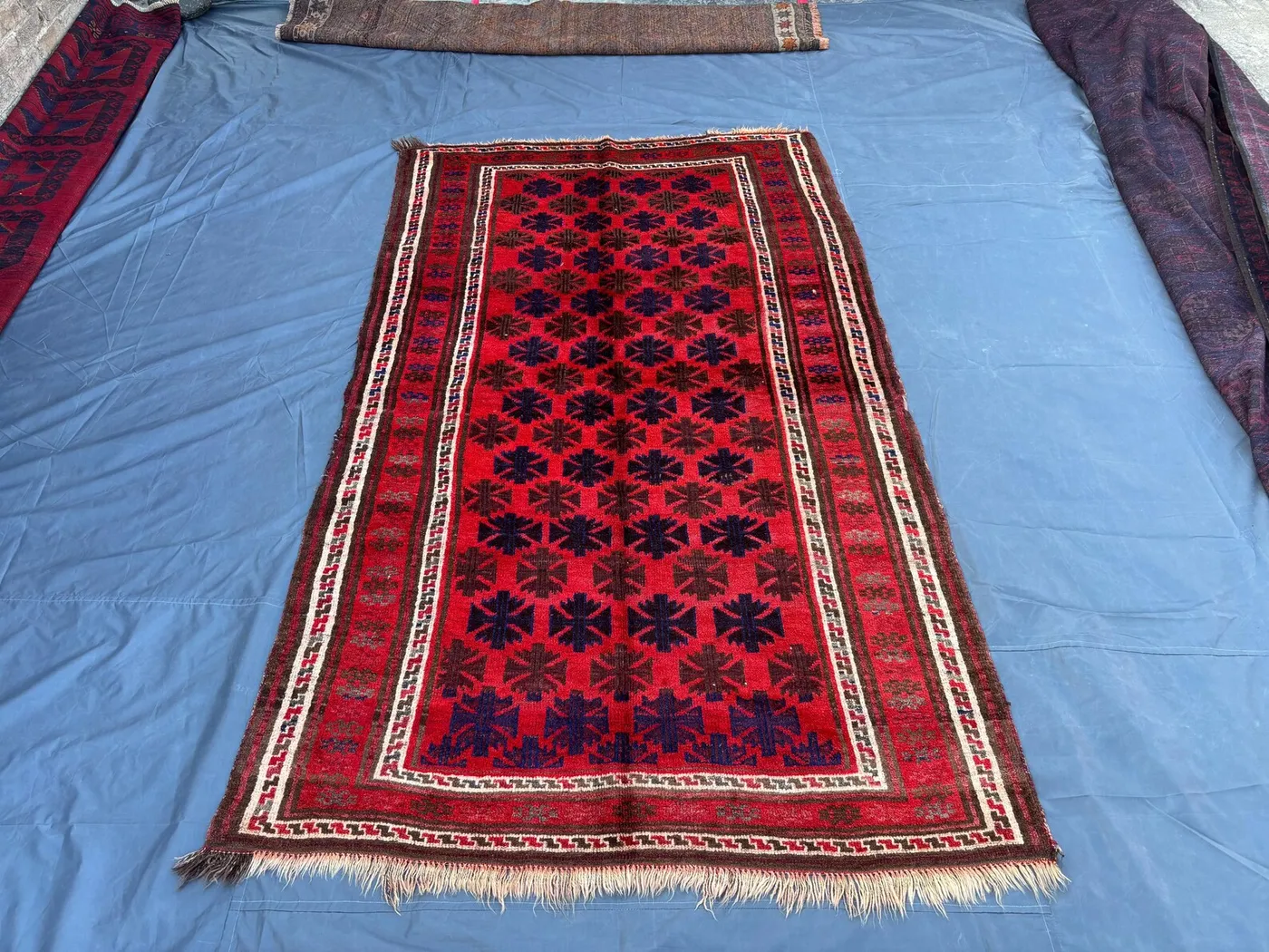 5 x 8'3 ft Vintage Afghan Hand-Knotted Rug | Baluchi Rug Red Geometric Tribal Design | Soft Wool Oriental Carpet | Rug for Living Room Decor