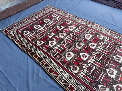 5x9 Vintage Afghan Rug | Hand-Knotted Gabbeh Style Rug | Red Cream Geometric Tribal Rug | Pattern Soft Wool Or