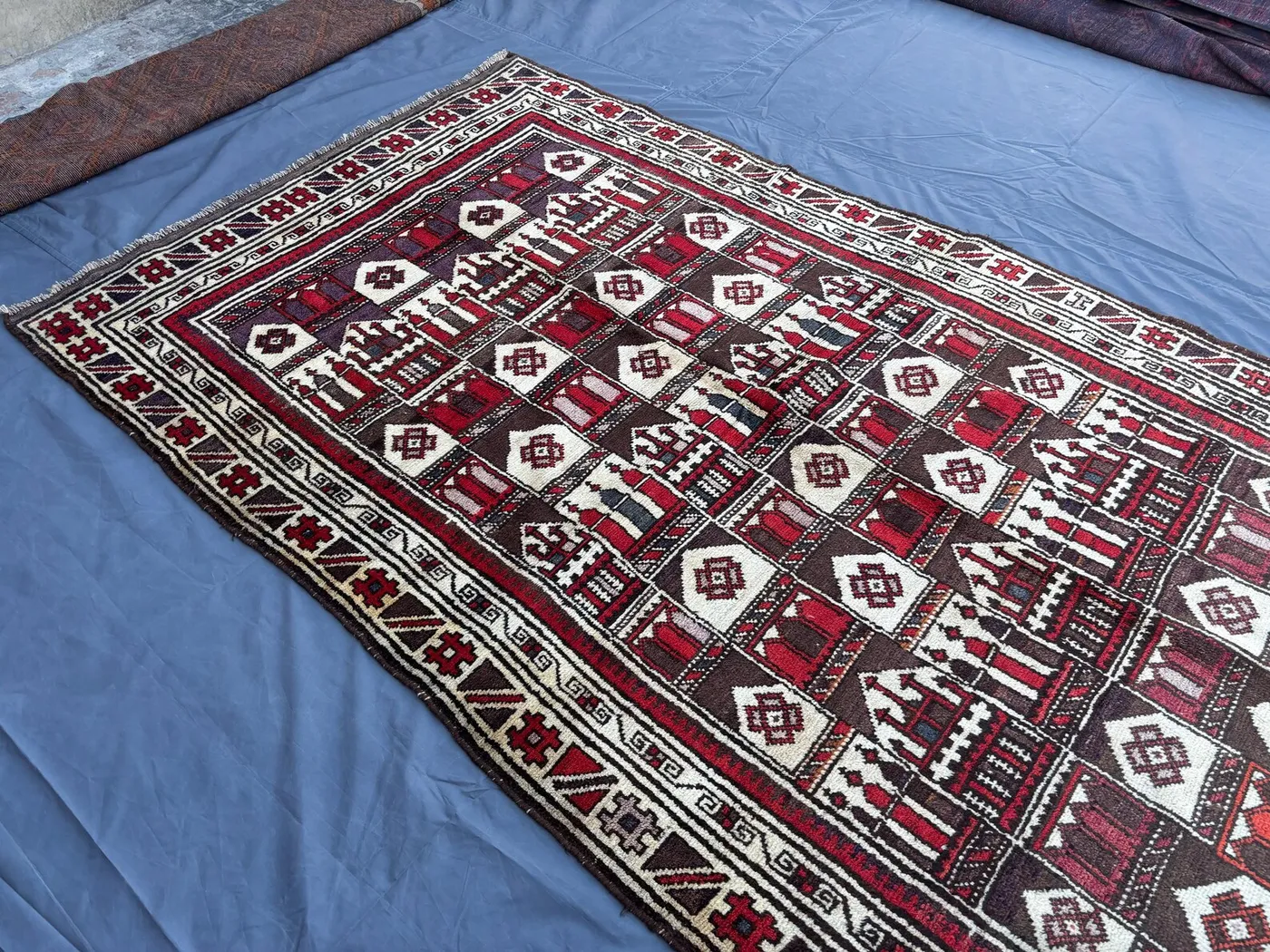 5x9 Vintage Afghan Rug | Hand-Knotted Gabbeh Style Rug | Red Cream Geometric Tribal Rug | Pattern Soft Wool Oriental Carpet for Living Room
