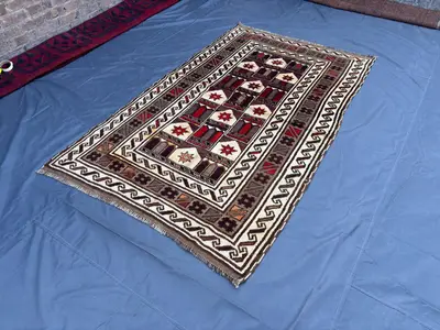 4'5" x 7'0" Vintage Afghan Rug | Hand-Knotted Baluchi Rug | Soft Wool Tribal Geometric Design | Rare Small Rug